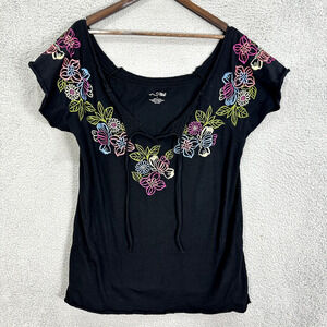 RXB Off The Shoulder Top Womens Large Black Floral Embroidered Tassel Boho Fairy